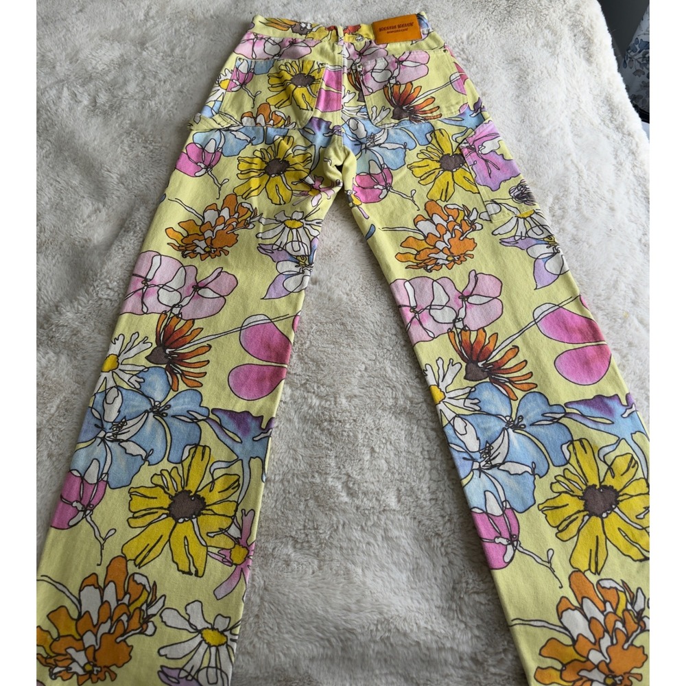 Keith Kelly NYC Floral Carpenter Pants Yellow Pink Straight Utility Small 263 - Picture 4 of 7